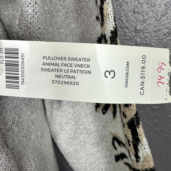 Chico's 3 US XL Tiger Animal Print Face V neck Tan Pullover Tunic Sweater NEW - Picture 5 of 7